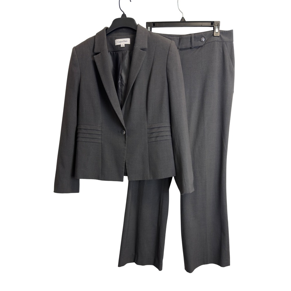 Calvin Klein Womens 2 Piece Pant Suit Charcoal Gray Blazer Trousers Size 8